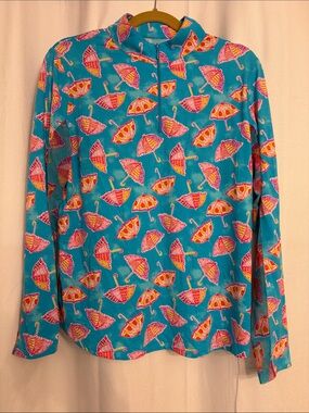 IBKUL Turquoise Long Sleeve Zip Mock Tee with Pink & Orange Umbrella Print